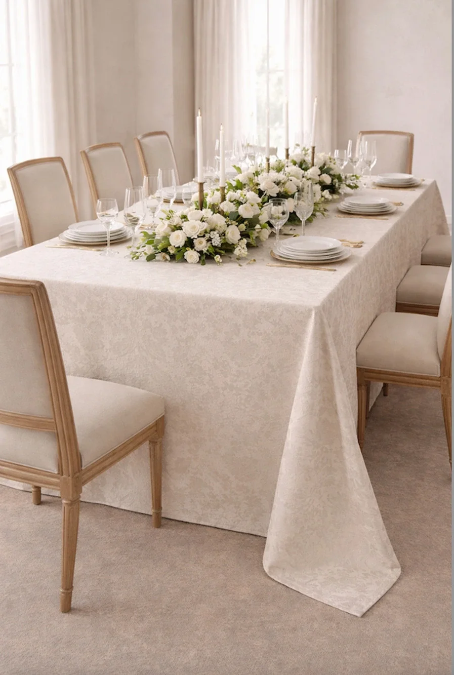 Vintage White Satin Long Banquet Table Cloth Floral Wedding Party 136x58